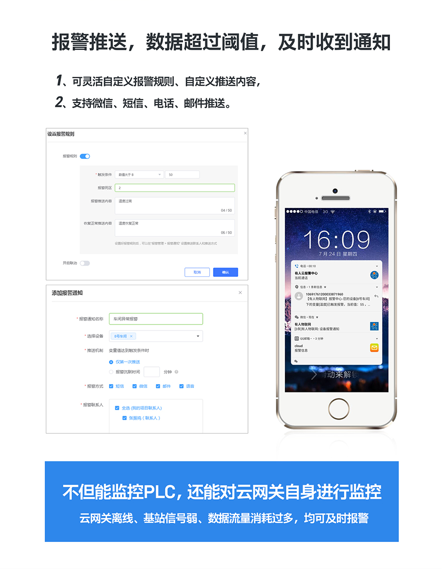 低成本PLC云网关：报警推送，数据超过阈值及时收到通知